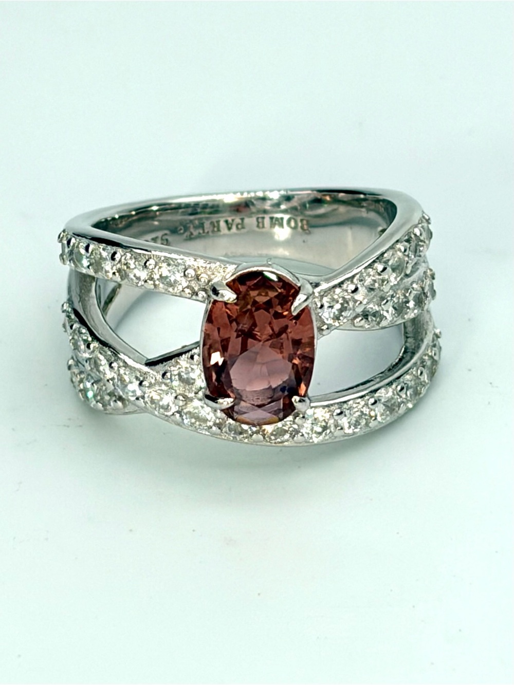 New Sterling Silver Peach Pink Rubillite Split-Shank Crossover Cocktail Ring